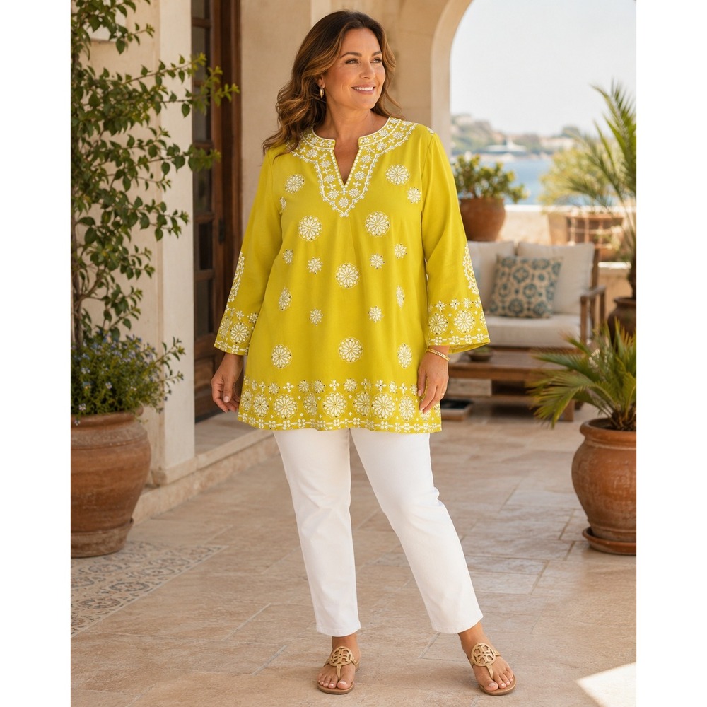 INC International Concepts Tunic Top Womens XL Yellow Embroidered Beaded V-Neck